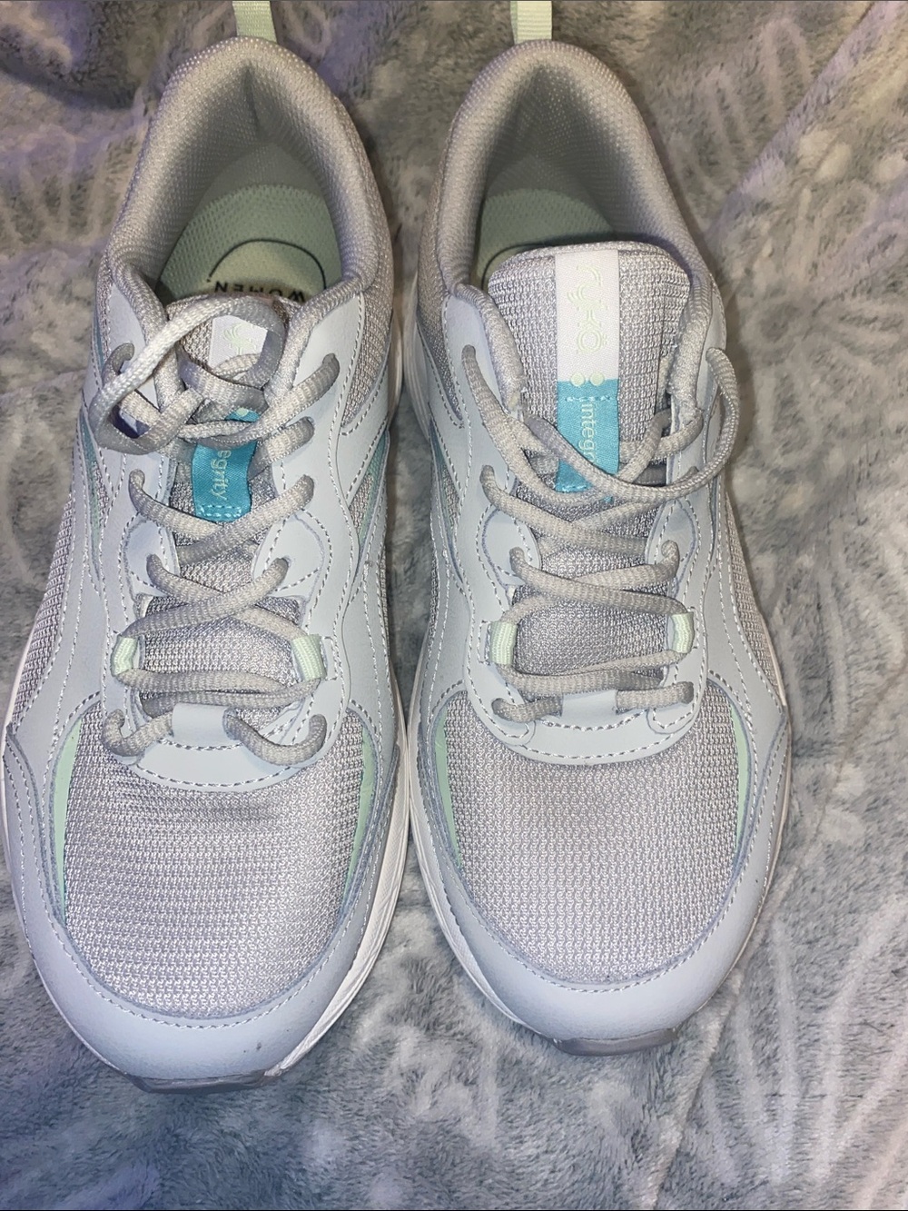 Ryka Women’s Athletic Sneakers in White with Light Blue Accents
